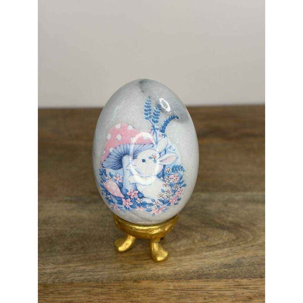 Vintage Enesco Marble Hand Painted Egg With Gold Stand Easter Bunny